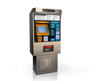 Photo of GFI fare vending machine. FVM is gray in color.