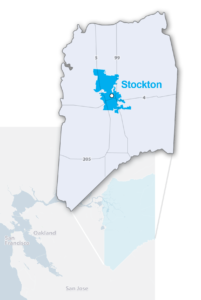 Map showing Stockton’s location within California’s Central Valley, with a highlighted inset identifying the city and its surrounding road network.