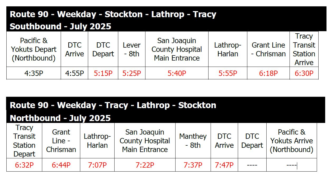 Time Table Schedule for Route 90