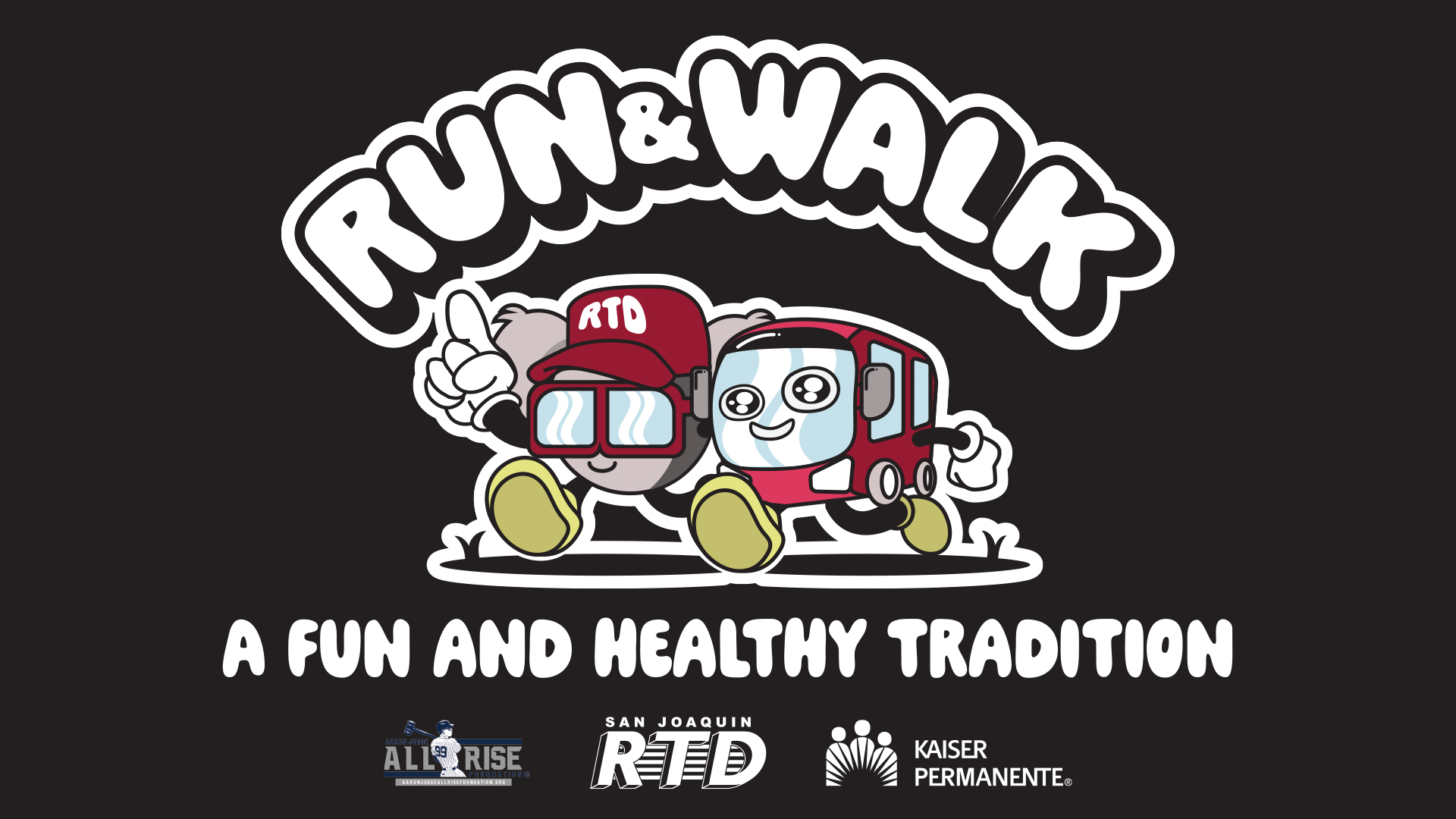 Two cartoon characters of a bus with legs and "Artie D", RTD's ambiguous creature mascot, holding arms and running together gleefully, with text "Run and Walk, a Fun and Health Tradition", with logos of various sponsors underneath.