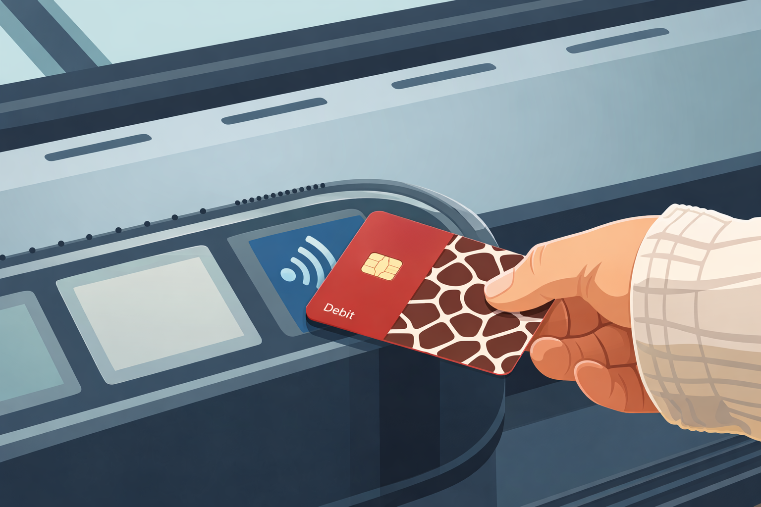 Rider tapping a debit card on the bus validator using Tap N' Ride for quick and easy fare payment.