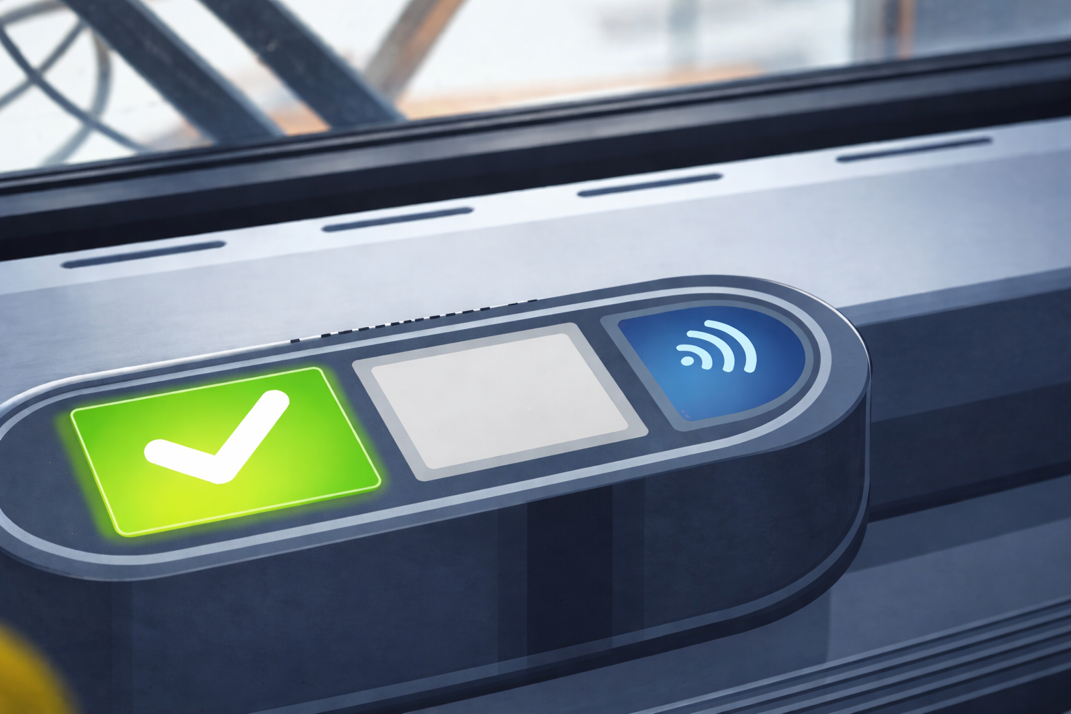 Bus fare validator showing a green checkmark confirming a successful Tap N Ride payment.