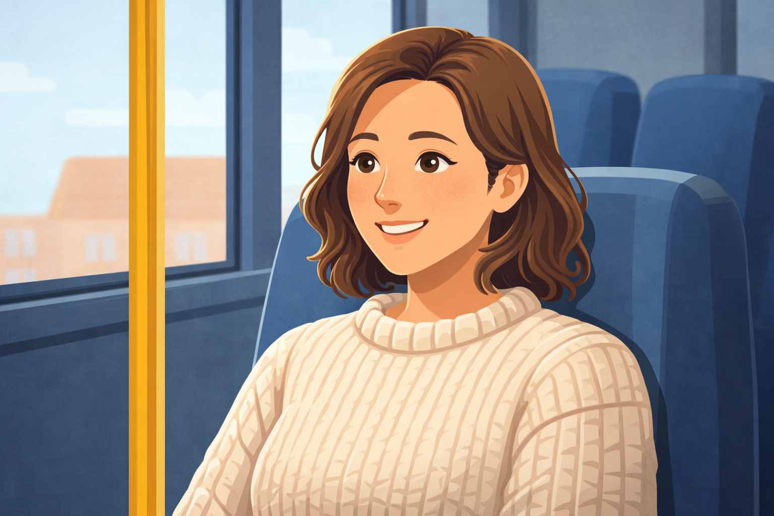 Smiling rider seated on a bus after paying with Tap N Ride, showing a smooth and stress free transit experience.