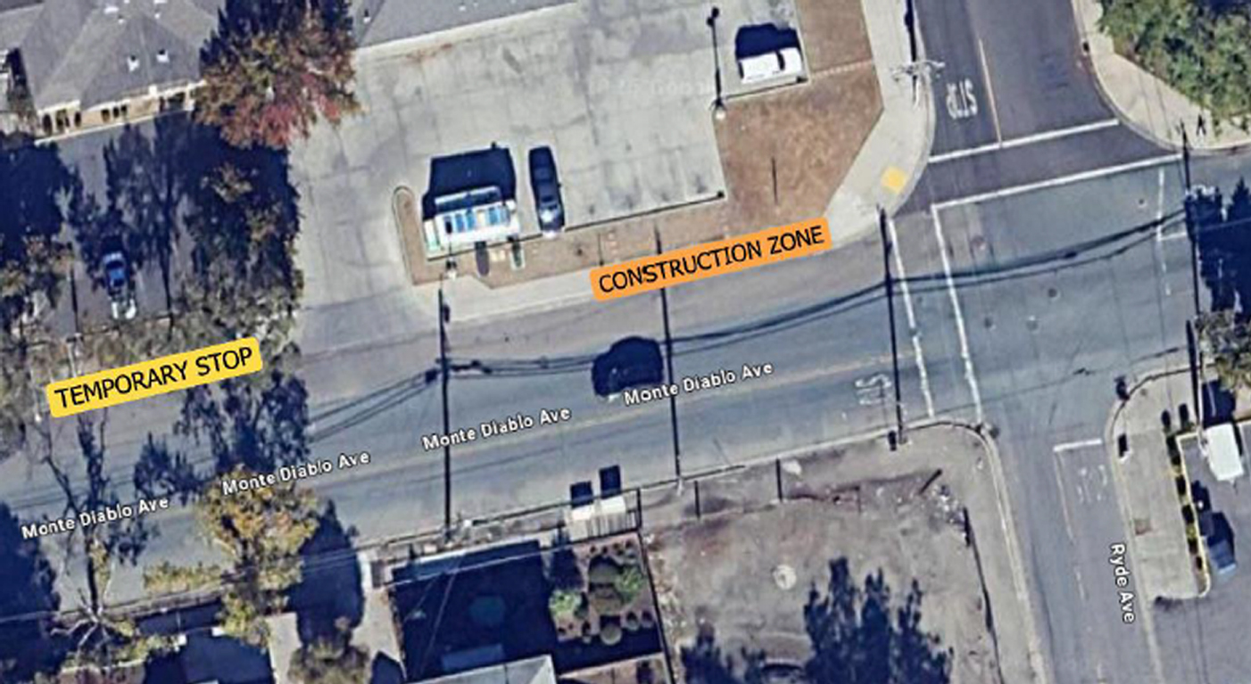 map Aerial map showing a temporary bus stop relocation on Monte Diablo Avenue. The original stop area is marked as a construction zone near Ryde Avenue, and the temporary stop is highlighted farther west along Monte Diablo Avenue.