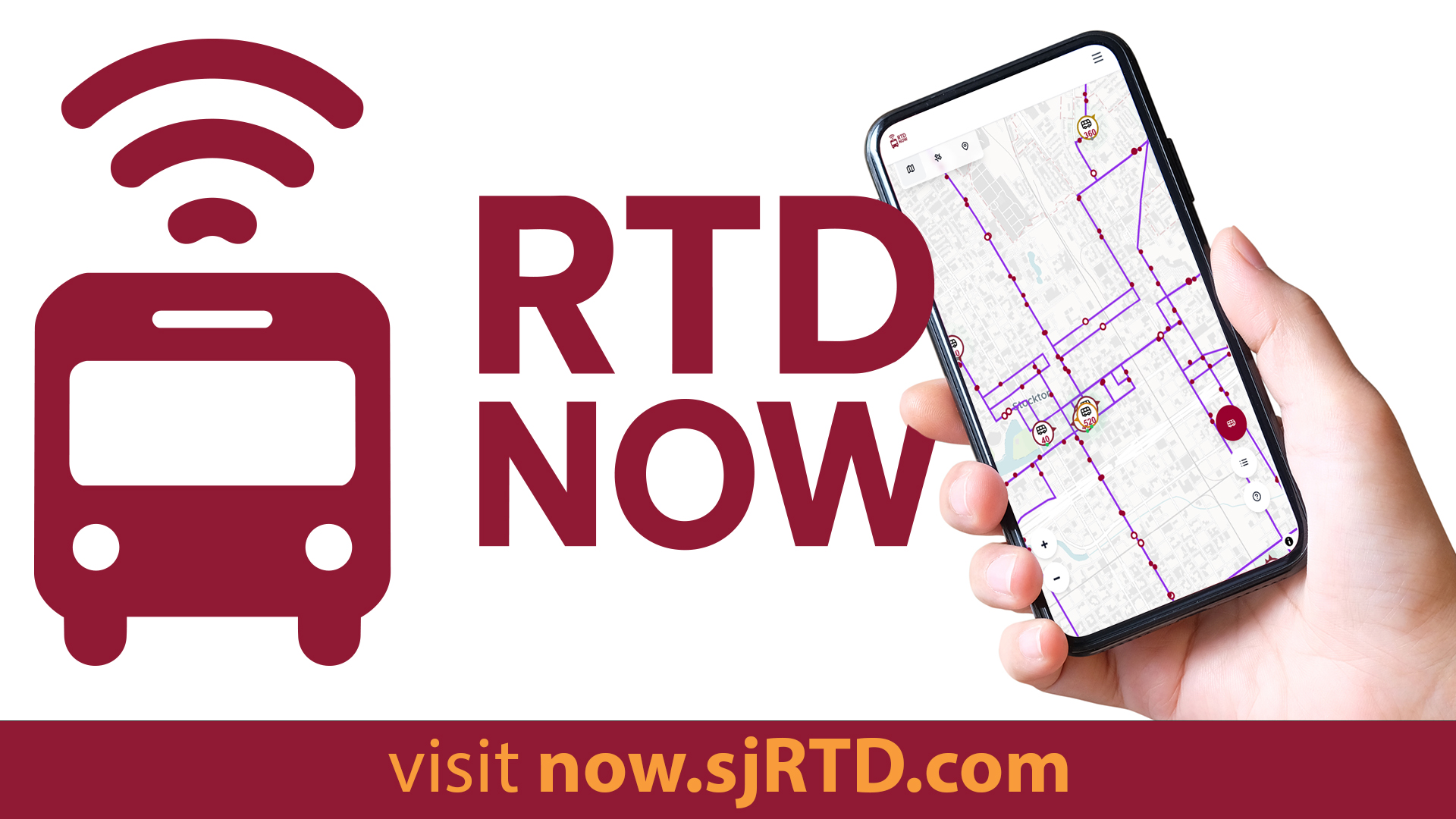 graphic with text "RTD NOW. Visit now.sjrtd.com".