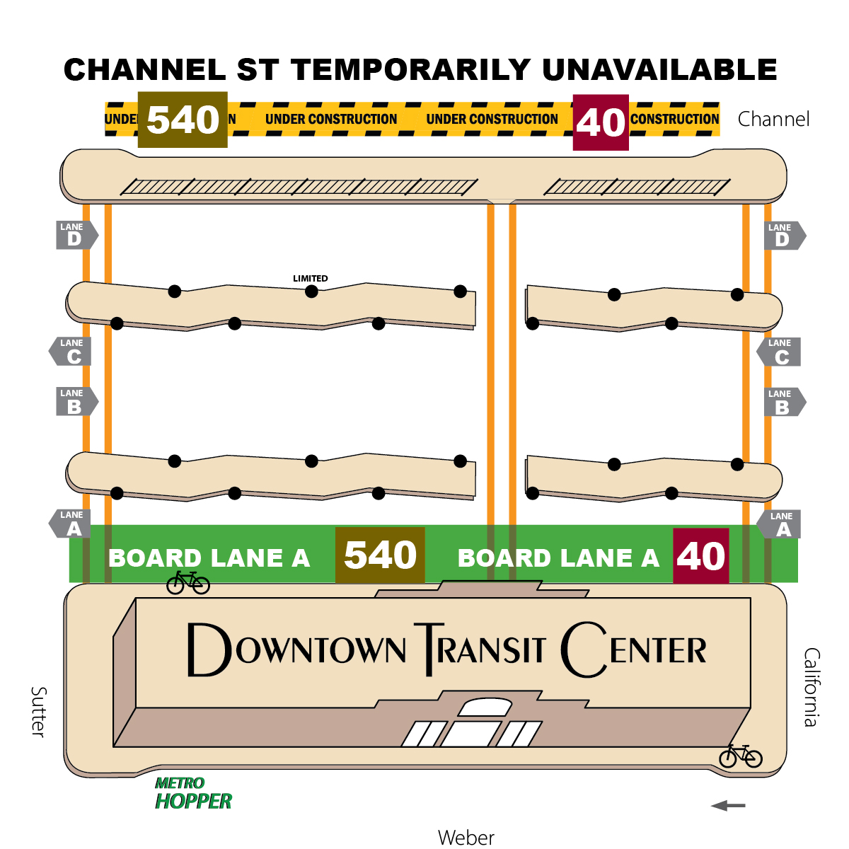 Map of DTC boarding platform, which shows where to board routes 40 and 540 for April 15, 2026