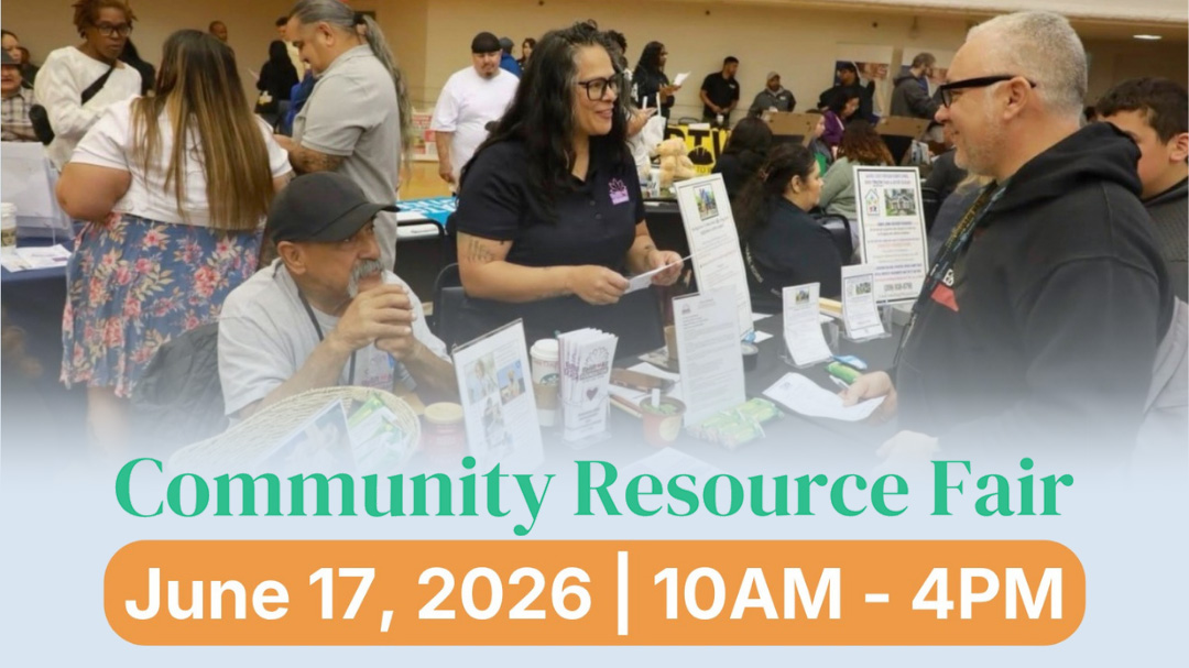 Community Resource Fair promotional graphic showing attendees and community organizations interacting at resource tables inside a crowded event space. Overlaid text reads: "Community Resource Fair" and "June 17, 2026 | 10AM - 4PM." The image highlights community members connecting with local services and resources.